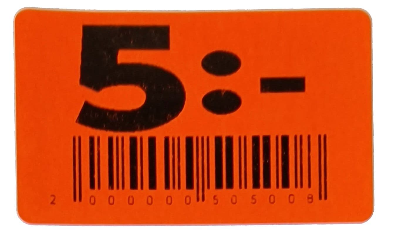 30x50 röd fluor 5:- streckkod (20-kod) – Prismärkning från Butiksprofil