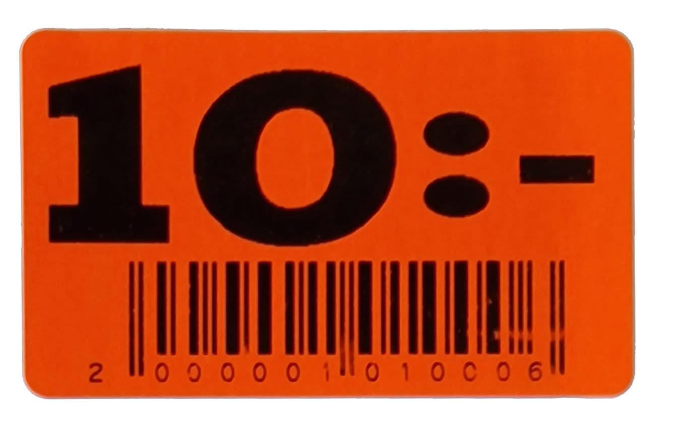 30x50 röd fluor 10:- streckkod (20-kod) – Prismärkning från Butiksprofil