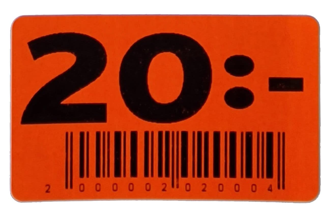 30x50 röd fluor 20:- streckkod (20-kod) – Prismärkning från Butiksprofil