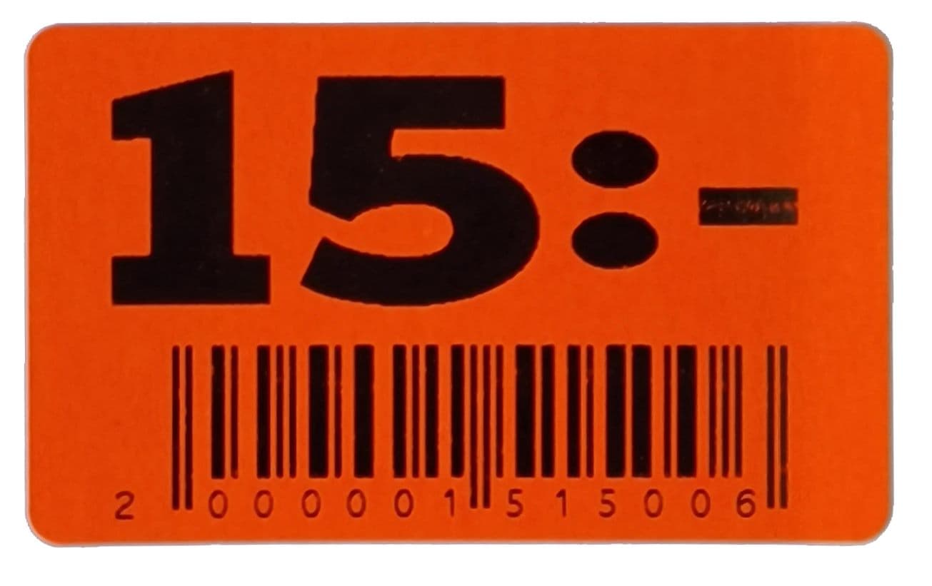 30x50 röd fluor 15:- streckkod (20-kod) – Prismärkning från Butiksprofil