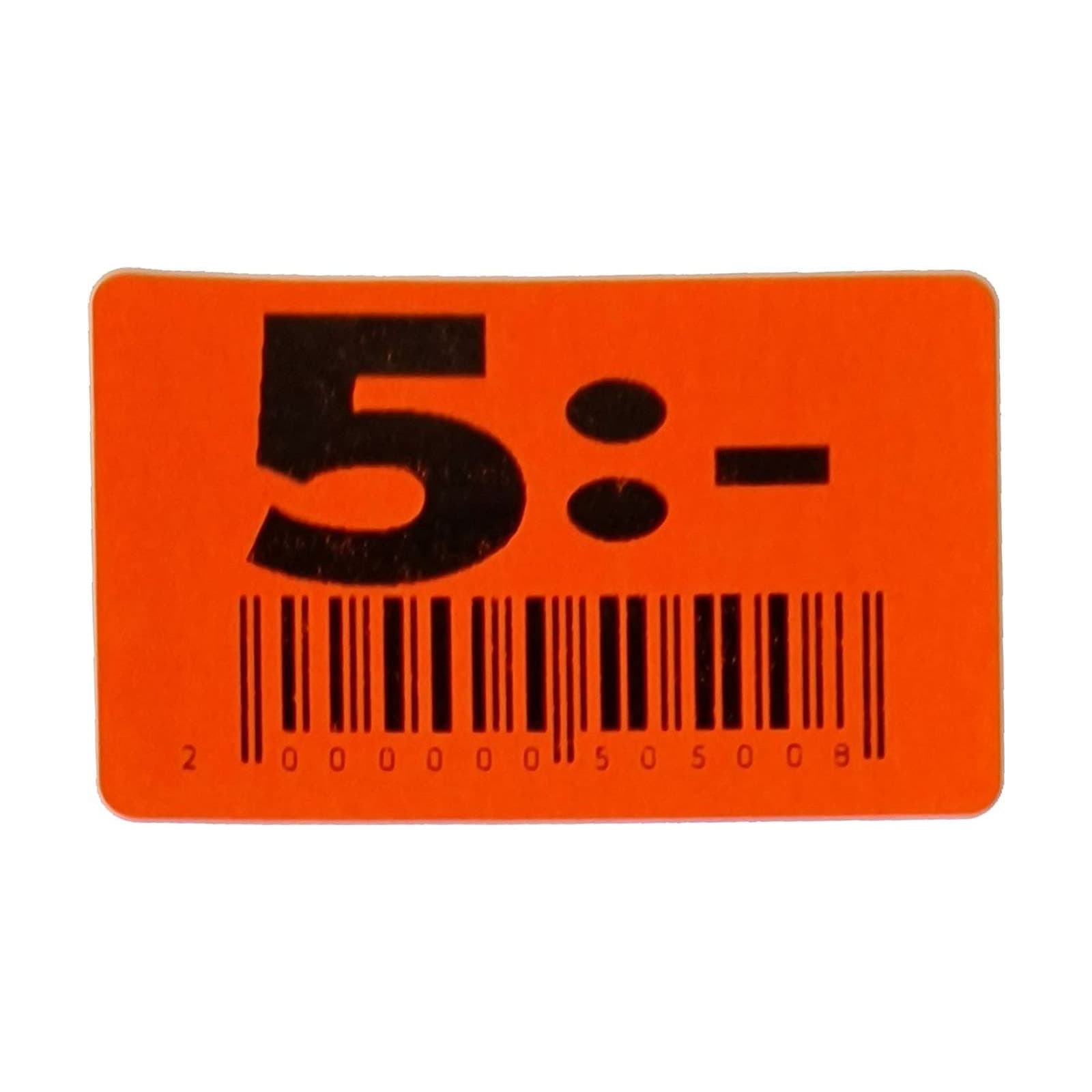 30x50 röd fluor 5:- streckkod (20-kod) – Prismärkning från Butiksprofil